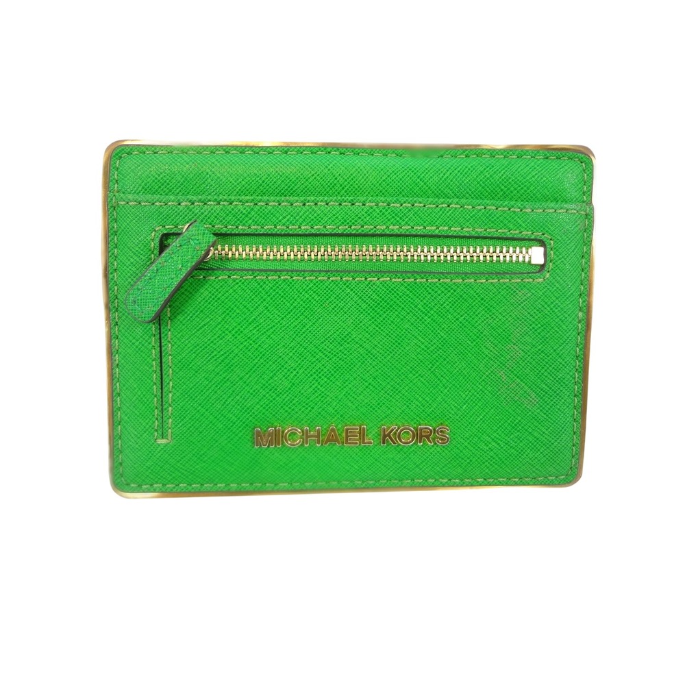 Michael Kors Card Holder Womens OS Green Good Saffiano Leather Zip ID Window‎